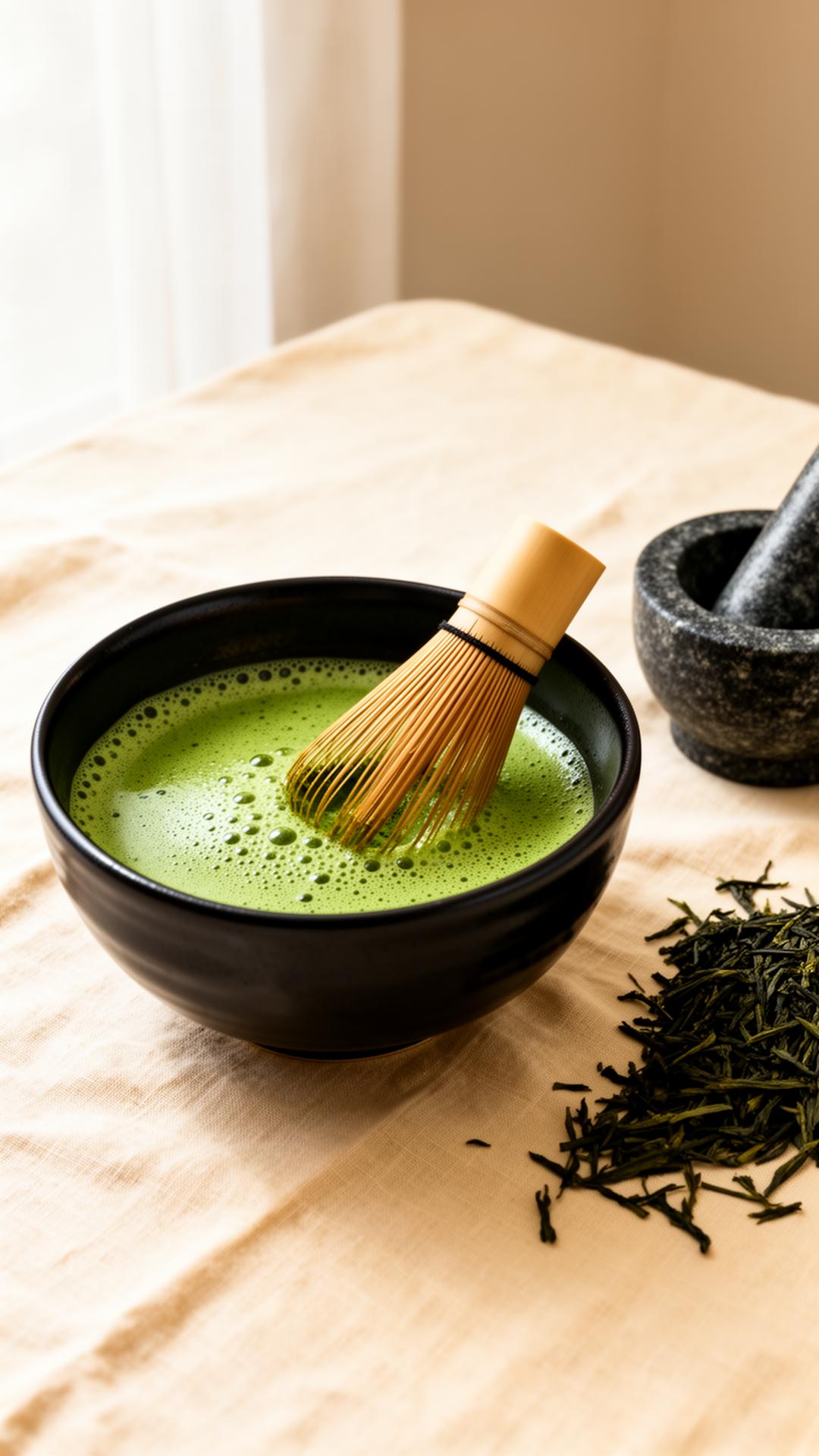 Fresh fresh-ground matcha whisked in a black ceramic bowl