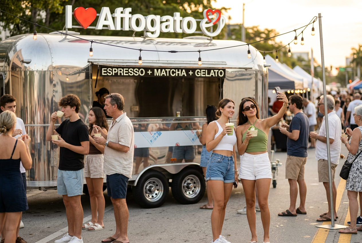 I Love Affogato trailer at a street fair with guests enjoying espresso and gelato